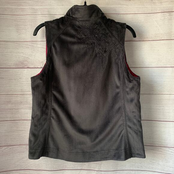 Charcoal Gray and Pink Reversible Zip Up Vest Fleece Embroidered Floral - Picture 3 of 16